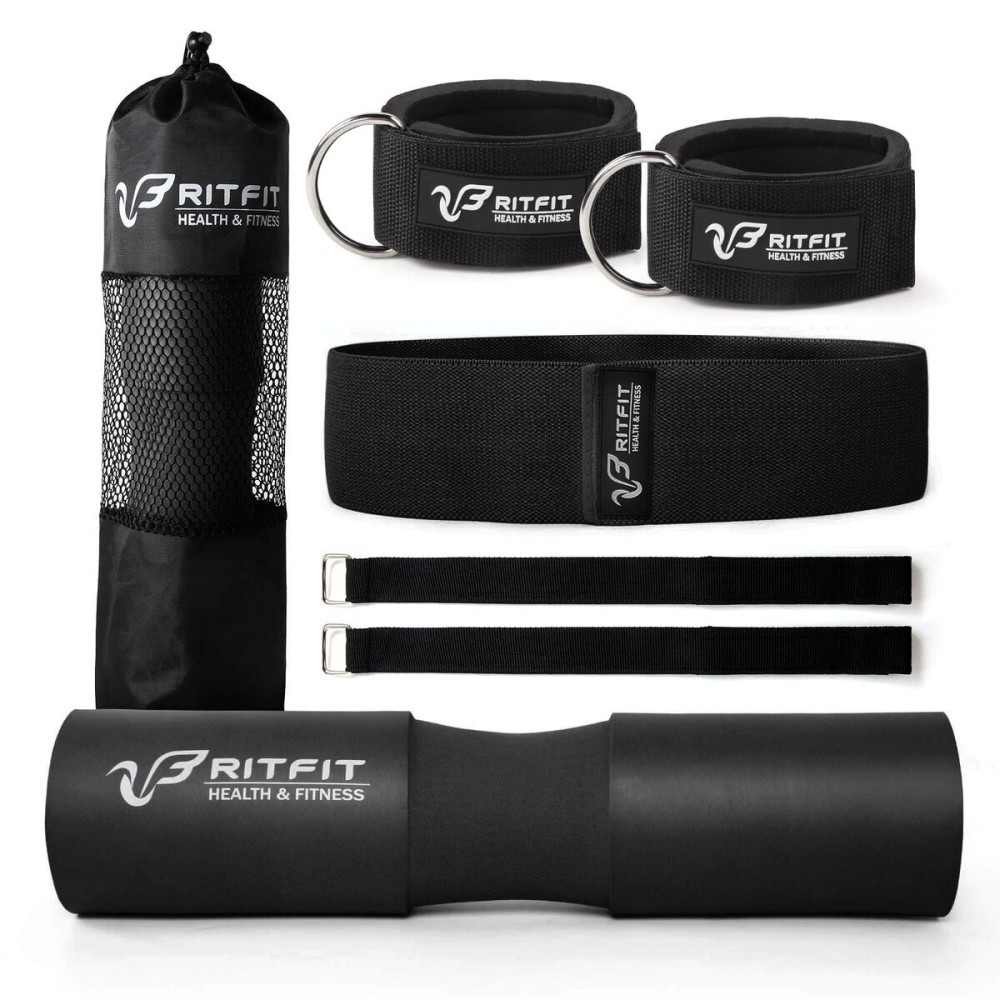 RitFit Upgraded 7 Pack Barbell Squat Pad Set with Resistance Band,2 Safety Straps,2 Gym Ankle Straps and Carry Bag,Workout for Lunges, Hip Thrusts,Protect Neck Shoulder (Black)