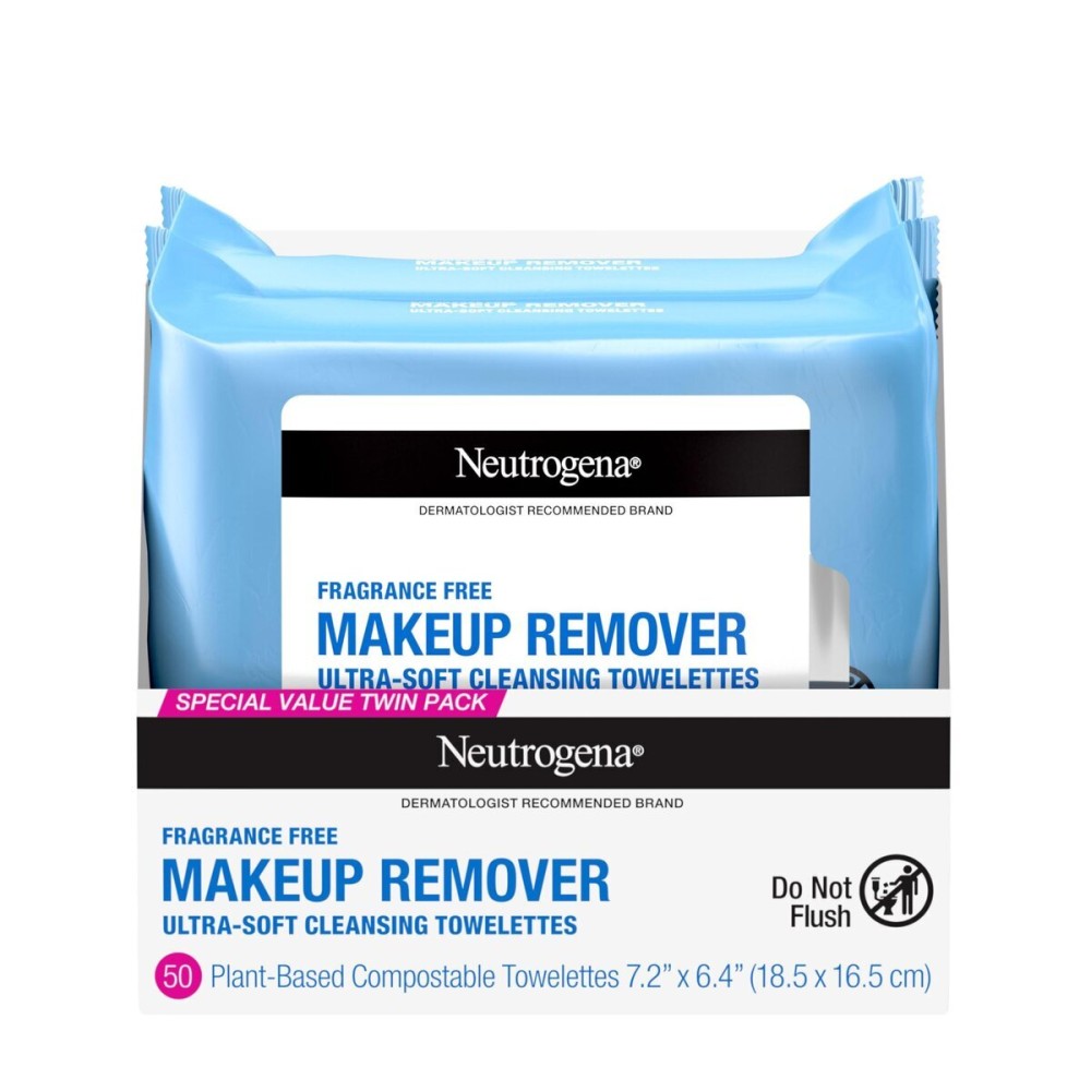 Neutrogena Cleansing Fragrance Free Makeup Remover Face Wipes, Cleansing Facial Towelettes for Waterproof Makeup, Alcohol-Free, Unscented, 100% Plant-Based Fibers, Twin Pack, 2 x 25 ct Neutrogena Cleansing Fragrance Free Makeup Remover Face Wipes, Cleansing Facial Towelettes for Waterproof Makeup, Alcohol-Free, Unscented, 100% Plant-Based Fibers, Twin Pack, 2 x 25 ct
