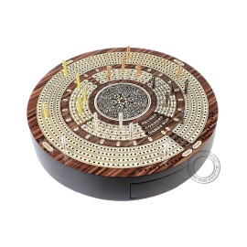 House of Cribbage - 10 Round Shape 4 Tracks Continuous Cribbage Board - Rosewood/Maple - Push Drawer with Score Marking Fields for Skunks, Corners & Won Games