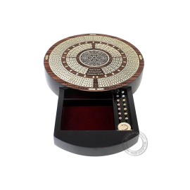 House of Cribbage - 10 Round Shape 4 Tracks Continuous Cribbage Board - Rosewood/Maple - Push Drawer with Score Marking Fields for Skunks, Corners & Won Games