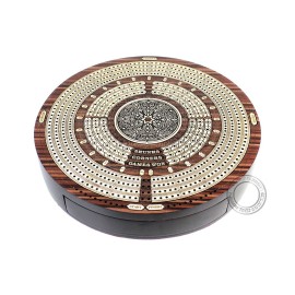 House of Cribbage - 10 Round Shape 4 Tracks Continuous Cribbage Board - Rosewood/Maple - Push Drawer with Score Marking Fields for Skunks, Corners & Won Games