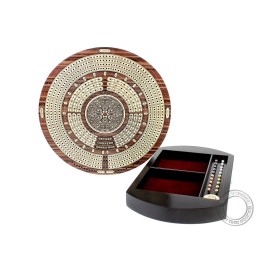 House of Cribbage - 10 Round Shape 4 Tracks Continuous Cribbage Board - Rosewood/Maple - Push Drawer with Score Marking Fields for Skunks, Corners & Won Games