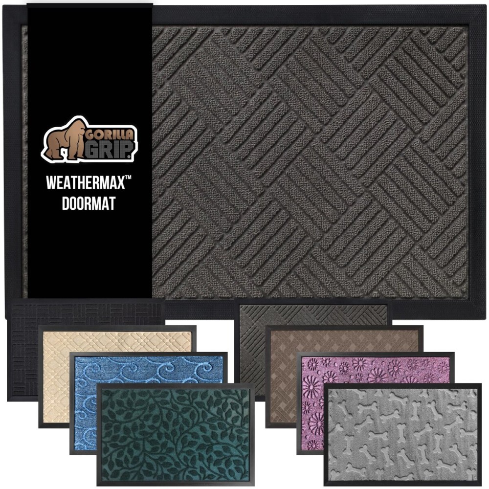 GORILLA GRIP 100% Waterproof All-Season WeatherMax Doormat, Durable Natural Rubber, Stain and Fade Resistant, Low Profile, Indoor Outdoor Door Mats, Easy Clean Patio Entrance Mat, 17x29, Gray Diamond
