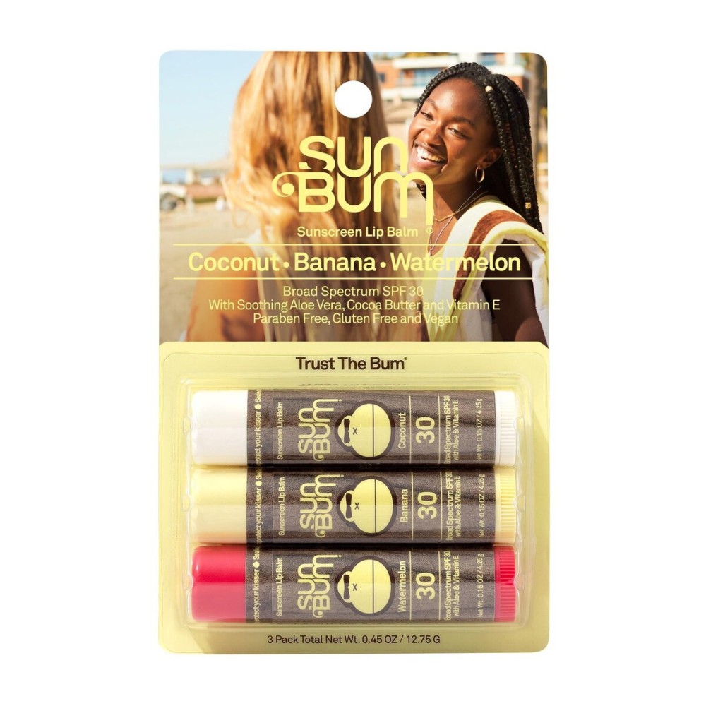 Sun Bum SPF 30 Sunscreen Lip Balm 3 Flavor Variety Pack - Coconut, Banana, Watermelon - Moisturizing Aloe Vera and Vitamin E - Vegan and Cruelty Free - UVA/UVB Lip Protection - 0.15 oz , 3 ct Sun Bum SPF 30 Sunscreen Lip Balm 3 Flavor Variety Pack - Coconut, Banana, Watermelon - Moisturizing Aloe Vera and Vitamin E - Vegan and Cruelty Free - UVA/UVB Lip Protection - 0.15 oz , 3 ct