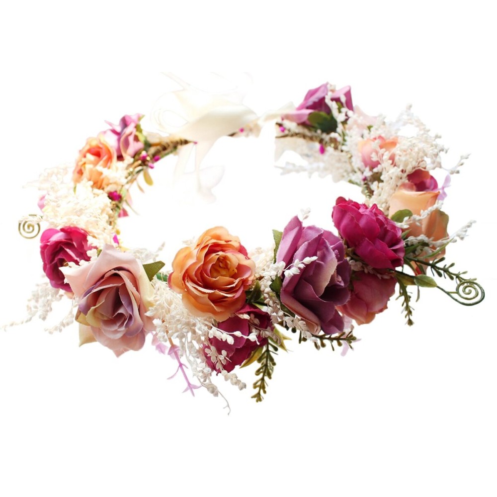 Vivivalue Rose Flower Crown Boho Flower Headband Hair Wreath Floral Headpiece Halo with Ribbon Wedding Party Festival Photos Pink Vivivalue Rose Flower Crown Boho Flower Headband Hair Wreath Floral Headpiece Halo with Ribbon Wedding Party Festival Photos Pink