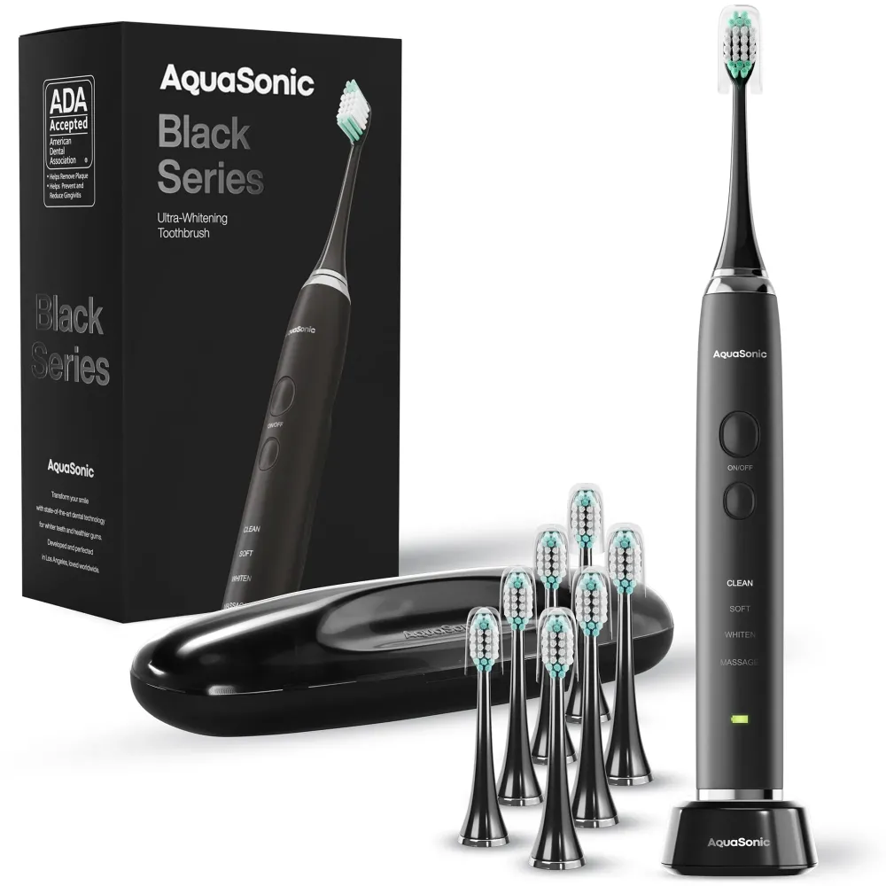 Aquasonic Black Series Ultra Whitening Toothbrush - ADA Accepted Electric Toothbrush- 8 Brush Heads & Travel Case - 40,000 VPM Electric Motor & Wireless Charging - 4 Modes w Smart Timer Aquasonic Black Series Ultra Whitening Toothbrush - ADA Accepted Electric Toothbrush- 8 Brush Heads & Travel Case - 40,000 VPM Electric Motor & Wireless Charging - 4 Modes w Smart Timer