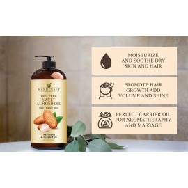 Handcraft Blends Sweet Almond Oil - 16 Fl Oz - 100% Pure and Natural - Premium Grade Carrier Oil for Skin and Hair - Hair and Body - Massage - Hexane-Free Handcraft Blends Sweet Almond Oil - 16 Fl Oz - 100% Pure and Natural - Premium Grade Carrier Oil for Skin and Hair - Hair and Body - Massage - Hexane-Free