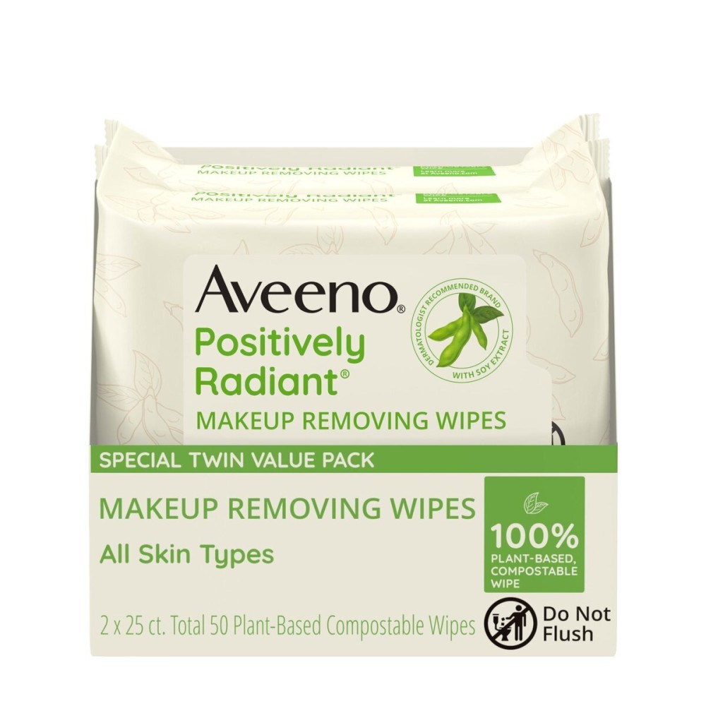 Aveeno Positively Radiant Oil-Free Makeup Removing Face Wipes to Help Even Skin Tone and Texture with Moisture-Rich Soy Extract, Gentle Facial Cleansing Wipes, Twin Pack, 2 x 25 ct. Aveeno Positively Radiant Oil-Free Makeup Removing Face Wipes to Help Even Skin Tone and Texture with Moisture-Rich Soy Extract, Gentle Facial Cleansing Wipes, Twin Pack, 2 x 25 ct.