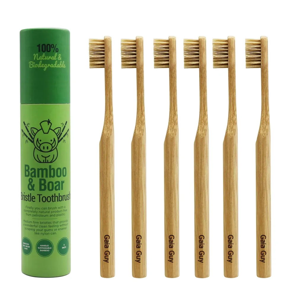Gaia Guy Natural Bristle Bamboo Toothbrush (NO Nylon - Boar Hair ONLY) - Totally Compostable & Biodegradable Boar Bristle and Bamboo Toothbrushes - Zero Waste - 6-Pack Gaia Guy Natural Bristle Bamboo Toothbrush (NO Nylon - Boar Hair ONLY) - Totally Compostable & Biodegradable Boar Bristle and Bamboo Toothbrushes - Zero Waste - 6-Pack
