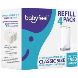 Babyfeel Refills Compatible with DEKOR CLASSIC Diaper Pails | 4 Pack | Exclusive 30% Extra Thickness | Diaper Pail Refills with Powerful Odor Elimination | Powder Scent | Holds up to 1980 Diapers Babyfeel Refills Compatible with DEKOR CLASSIC Diaper Pails | 4 Pack | Exclusive 30% Extra Thickness | Diaper Pail Refills with Powerful Odor Elimination | Powder Scent | Holds up to 1980 Diapers