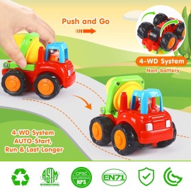ORWINE Inertia Toy Early Educational Toddler Baby Toy Friction Powered Cars Push and Go Cars Tractor Bulldozer Dumper Cement Mixer Engineering Vehicles Toys for Children Boys Girls Kids Gift 4PCS