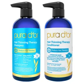 PURA D\'OR Hair Thinning Therapy Biotin Shampoo and Conditioner Set, CLINICALLY TESTED Effective Results, Hair Thickening Products For Women & Men, Natural Routine, Color Safe, 16oz x2