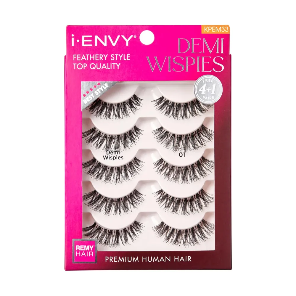 i-ENVY 5 Pairs Demi Wispies False Lashes (1 Pack), Premium Quality 100% Human Hair, Fluffy Feathered Eyelashes With Volume & Curl, Natural Look, Lightweight, Comfortable, Reusable for Everyday Wear