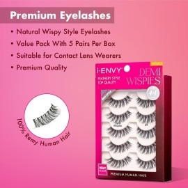 i-ENVY 5 Pairs Demi Wispies False Lashes (1 Pack), Premium Quality 100% Human Hair, Fluffy Feathered Eyelashes With Volume & Curl, Natural Look, Lightweight, Comfortable, Reusable for Everyday Wear