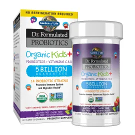 Garden of Life Dr. Formulated Probiotics Organic Kids+ Plus Vitamin C & D - Berry Cherry - Gluten, Dairy & Soy Free Immune & Digestive Health Supplement, No Added Sugar, 30 Chewables (Shelf Stable)