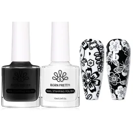 Born Pretty Nail Art Stamping Polish White Black Manicure Image Stamp Polish Set Print Polish Varnish 2 Bottles