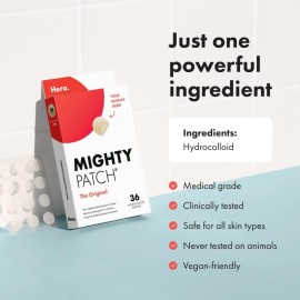 Mighty Patch Original patch from Hero Cosmetics - Hydrocolloid Acne Pimple Patch for Covering Zits and Blemishes in Face and Skin, Vegan-friendly and Not Tested on Animals (36 Count) Mighty Patch Original patch from Hero Cosmetics - Hydrocolloid Acne Pimple Patch for Covering Zits and Blemishes in Face and Skin, Vegan-friendly and Not Tested on Animals (36 Count)