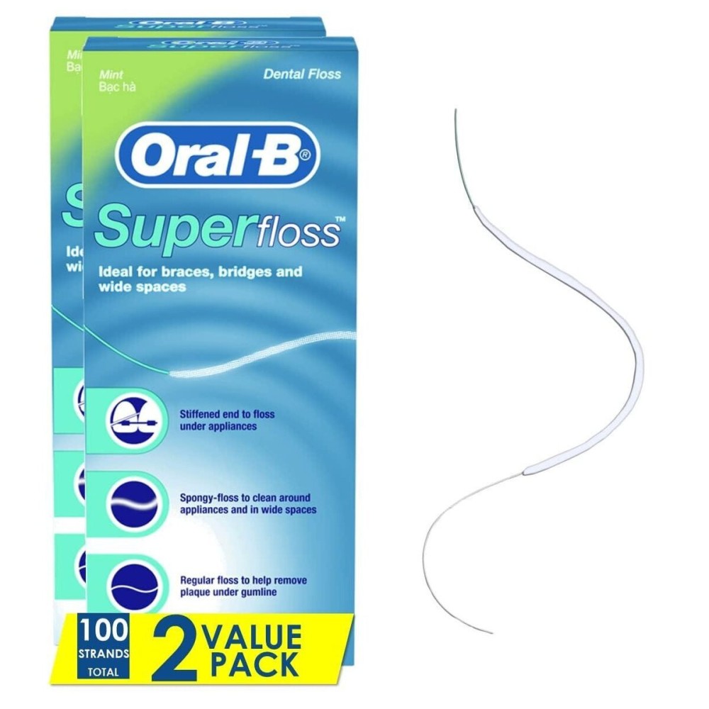 Oral-B Dental Floss for Braces, Super Floss Pre-Cut Strands, Mint, 50 Count, Pack of 2 Oral-B Dental Floss for Braces, Super Floss Pre-Cut Strands, Mint, 50 Count, Pack of 2