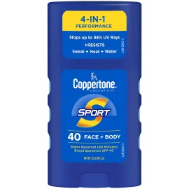 Coppertone Sport Sunscreen Stick SPF 40, Stick Sunscreen for Face and Body, Water Resistant, Travel Size, 1.5 Oz