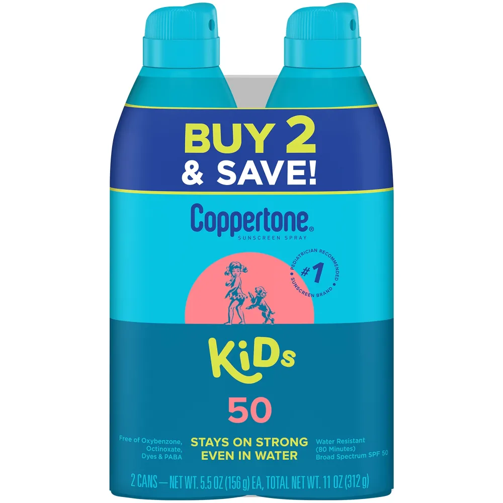 Coppertone Sunscreen Spray SPF 50, Broad Spectrum, Water Resistant for Kids, 1 Pediatrician Recommended Brand, 5.5 Ounce (Pack of 2) Coppertone Sunscreen Spray SPF 50, Broad Spectrum, Water Resistant for Kids, 1 Pediatrician Recommended Brand, 5.5 Ounce (Pack of 2)