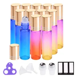 PrettyCare 12 Pack, 10 ml Essential Oil Roller Bottles with Stainless Steel Roller Ball - Refillable Leak-proof Empty Thick Rainbow Glass Roll on Bottles with Metal Caps for Travel, Perfume