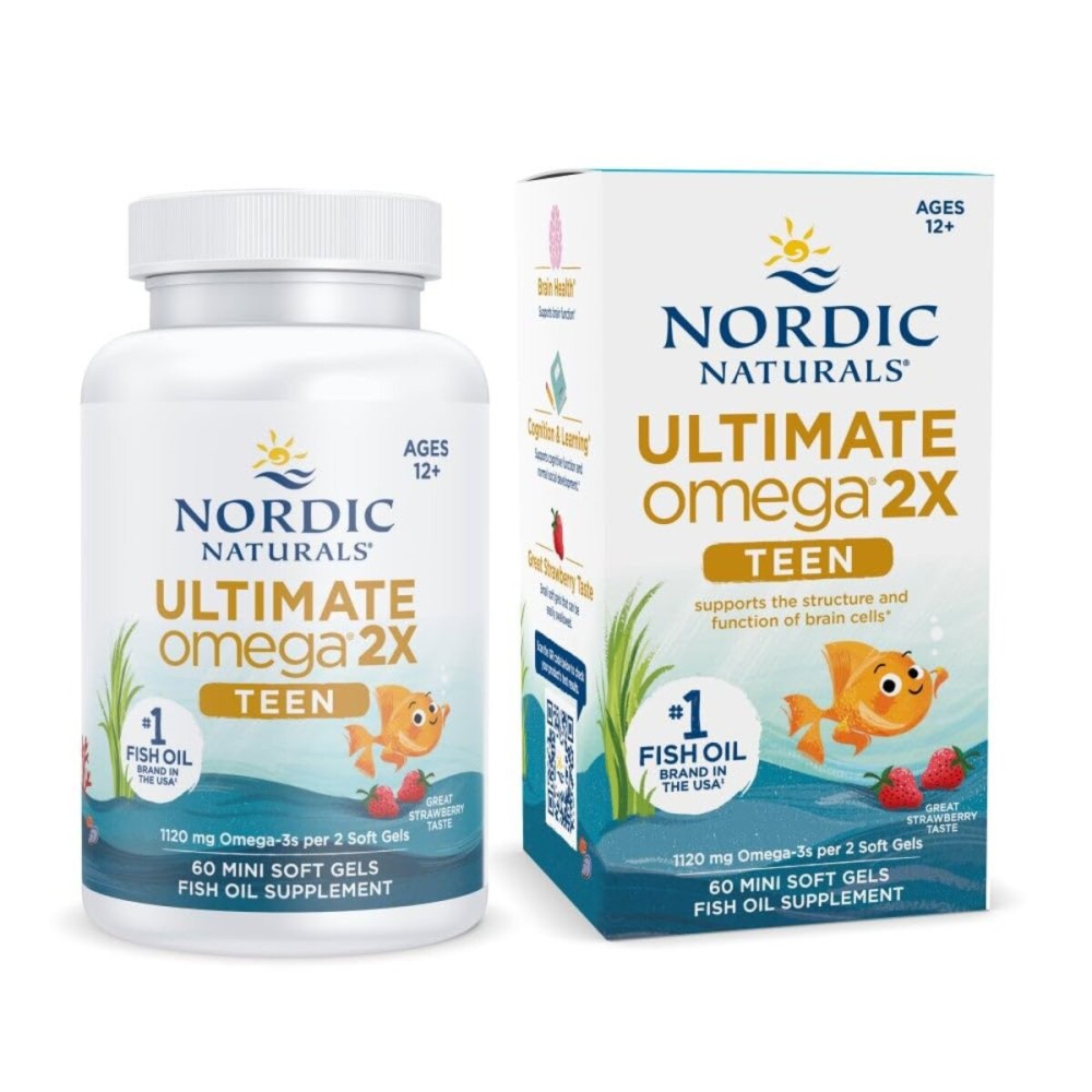 Nordic Naturals Ultimate Omega 2X Teen, Strawberry - 60 Mini Soft Gels - 1120 mg Total Omega-3s with EPA & DHA - Brain Health, Positive Mood, Social Development, Learning - Non-GMO - 30 Servings Nordic Naturals Ultimate Omega 2X Teen, Strawberry - 60 Mini Soft Gels - 1120 mg Total Omega-3s with EPA & DHA - Brain Health, Positive Mood, Social Development, Learning - Non-GMO - 30 Servings