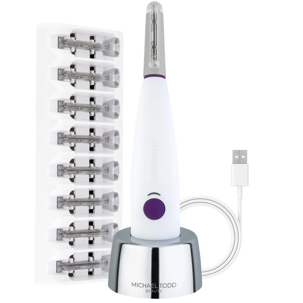 Michael Todd Beauty - Sonicsmooth - SONIC Technology Dermaplaning Tool - 2 in 1 Womens Facial Exfoliation & Peach Fuzz Hair Removal System with 8 Weeks of Dermaplaning Blades