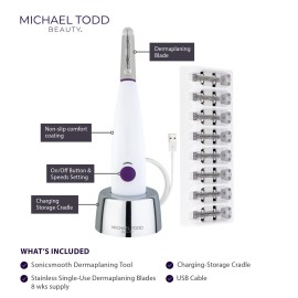 Michael Todd Beauty - Sonicsmooth - SONIC Technology Dermaplaning Tool - 2 in 1 Womens Facial Exfoliation & Peach Fuzz Hair Removal System with 8 Weeks of Dermaplaning Blades
