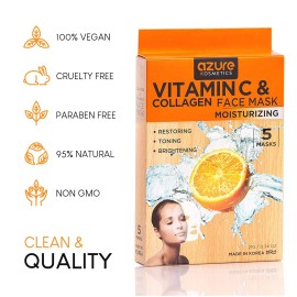 Azure Cosmetics Vitamin C & Collagen Face Mask - Dermatologist Tested, Anti Aging, Hydrating & Moisturizing Sheet Mask for Dry Skin - Firms, Tones & Smooths Fine Lines - Korean Skin Care - Pack of 5