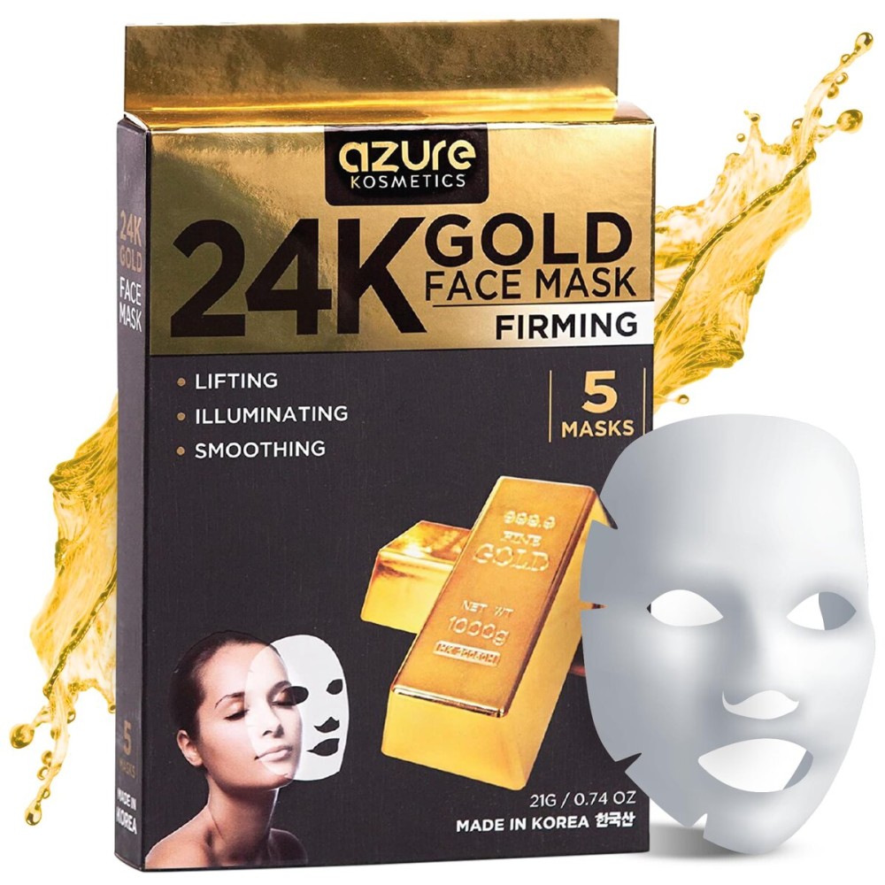 Azure Cosmetics 24K Gold Firming Face Mask- Anti Aging, Hydrating, Toning & Firming Facial Mask - Helps Reduce Wrinkles & Fine Lines with Hyaluronic Acid & Collagen - Made in Korea - Pack of 5 Azure Cosmetics 24K Gold Firming Face Mask- Anti Aging, Hydrating, Toning & Firming Facial Mask - Helps Reduce Wrinkles & Fine Lines with Hyaluronic Acid & Collagen - Made in Korea - Pack of 5