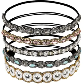 Teenitor 5pcs Hairbands for Women, 5 Rhinestone Beaded Headbands, Head Bands for Women\'s Hair Fashionable Handmade Crystal Beaded Elastic hairbands, 20-26.8(51-68cm), 1 Count (Pack of 5), HAIRBAND