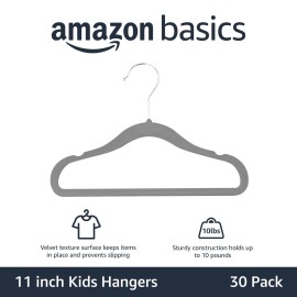 Amazon Basics Kids Velvet, Non-Slip Clothes Hangers (baby/toddler), 11.6 inches (for baby clothes), Pack of 30, Gray Amazon Basics Kids Velvet, Non-Slip Clothes Hangers (baby/toddler), 11.6 inches (for baby clothes), Pack of 30, Gray