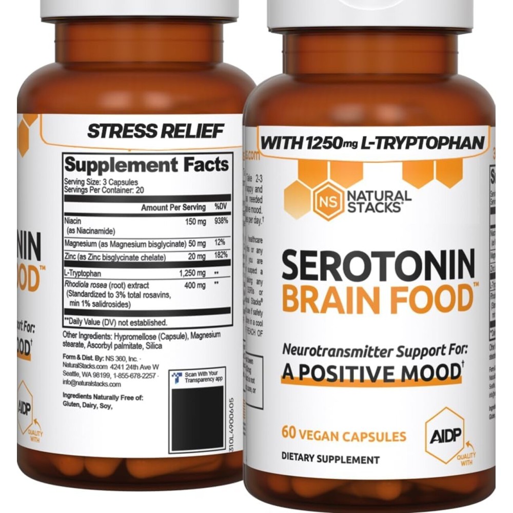 Serotonin Brain Food - 1250mg L-Tryptophan & 400mg Rhodiola Rosea Supplement - Mood Support Supplement for Stress Relief - Neurotransmitter Support with Magnesium Glycinate & Zinc - 60 Capsules Serotonin Brain Food - 1250mg L-Tryptophan & 400mg Rhodiola Rosea Supplement - Mood Support Supplement for Stress Relief - Neurotransmitter Support with Magnesium Glycinate & Zinc - 60 Capsules