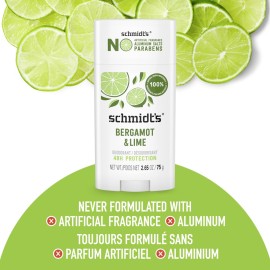 Schmidt\'s Aluminum Free Natural Deodorant for Women and Men, Bergamot and Lime with 24 Hour Odor Protection, Certified Natural, Vegan, Cruelty Free, 2.65 oz