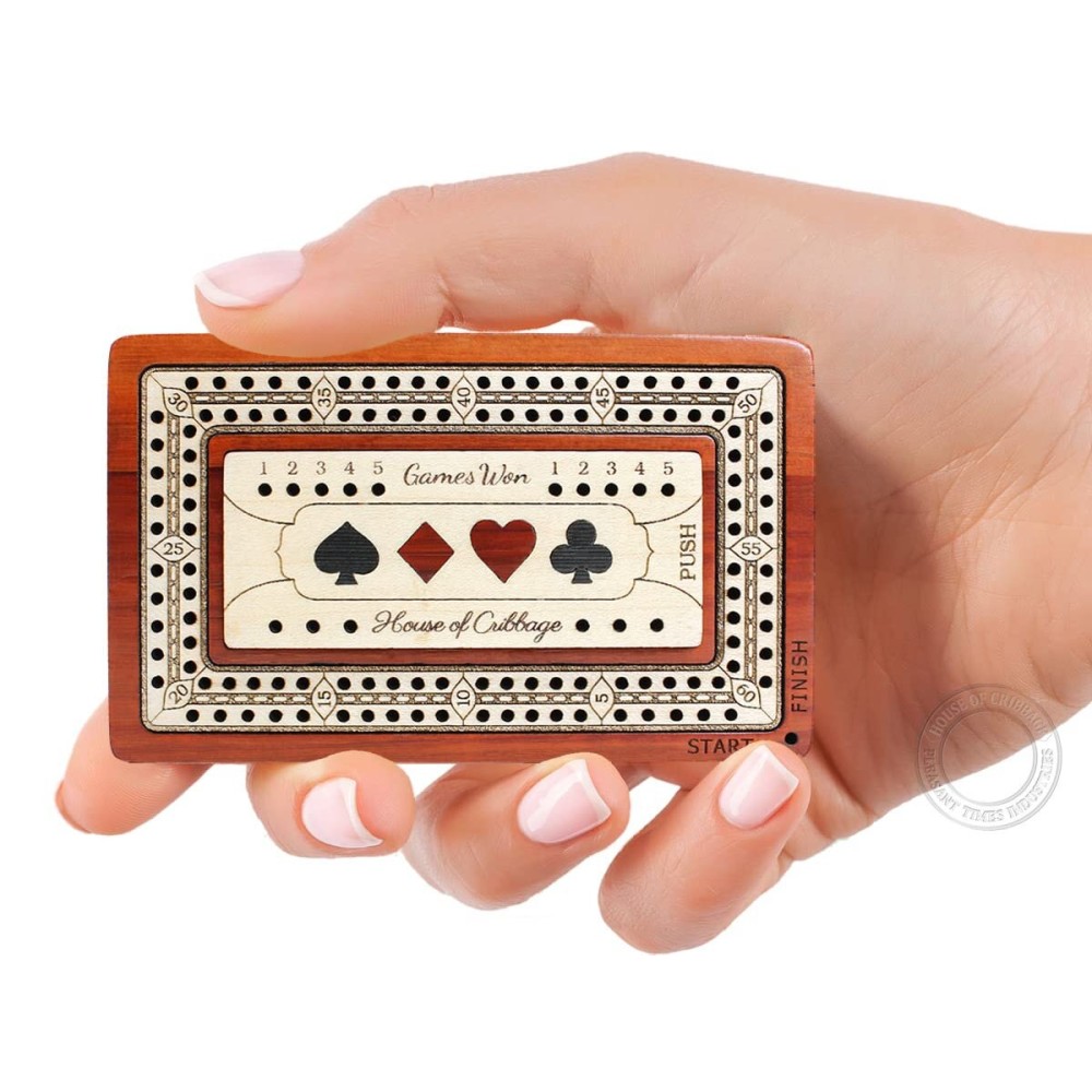 House of Cribbage - 2 Track - Wooden Travel/Pocket Size Cribbage Board - 4 Inch - Inlaid in Bloodwood/Maple Wood with Storage Space for Cribbage Pegs - 60 Points - Non Continuous House of Cribbage - 2 Track - Wooden Travel/Pocket Size Cribbage Board - 4 Inch - Inlaid in Bloodwood/Maple Wood with Storage Space for Cribbage Pegs - 60 Points - Non Continuous