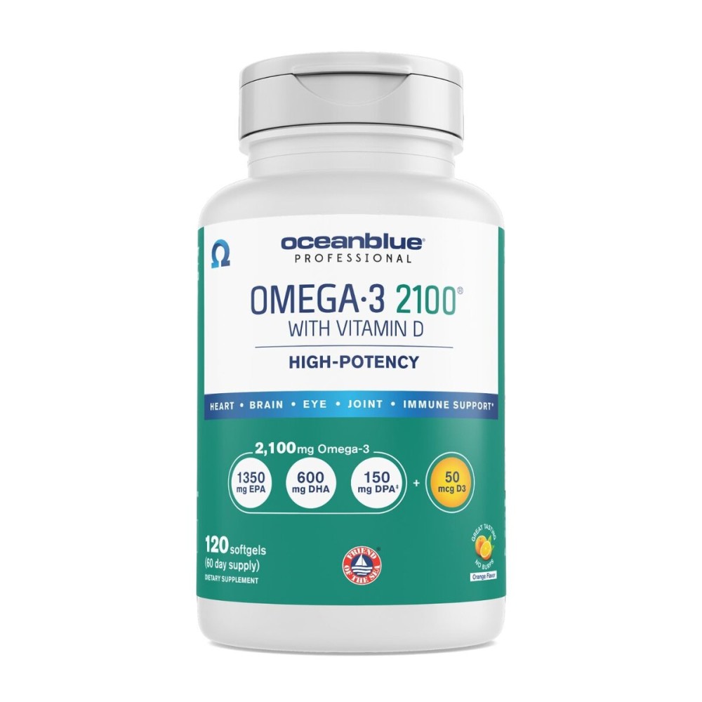 Oceanblue Professional Omega-3 2100 with Vitamin D3 - 120 ct - Triple Strength Burpless Fish Oil Supplement with High-Potency EPA, DHA, DPA and Vitamin D3 - Wild-Caught - Orange Flavor (60 Servings) Oceanblue Professional Omega-3 2100 with Vitamin D3 - 120 ct - Triple Strength Burpless Fish Oil Supplement with High-Potency EPA, DHA, DPA and Vitamin D3 - Wild-Caught - Orange Flavor (60 Servings)