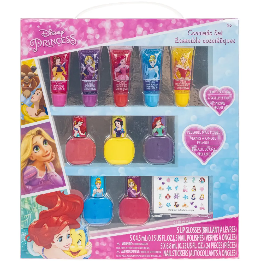 Disney Princess Sparkly Cosmetic Makeup Set for Girls with Lip Gloss Nail Polish Nail Stickers - 11 Pcs|Perfect for Parties Sleepovers Makeovers Birthday Gift for Girls 3+ Disney Princess Sparkly Cosmetic Makeup Set for Girls with Lip Gloss Nail Polish Nail Stickers - 11 Pcs|Perfect for Parties Sleepovers Makeovers Birthday Gift for Girls 3+