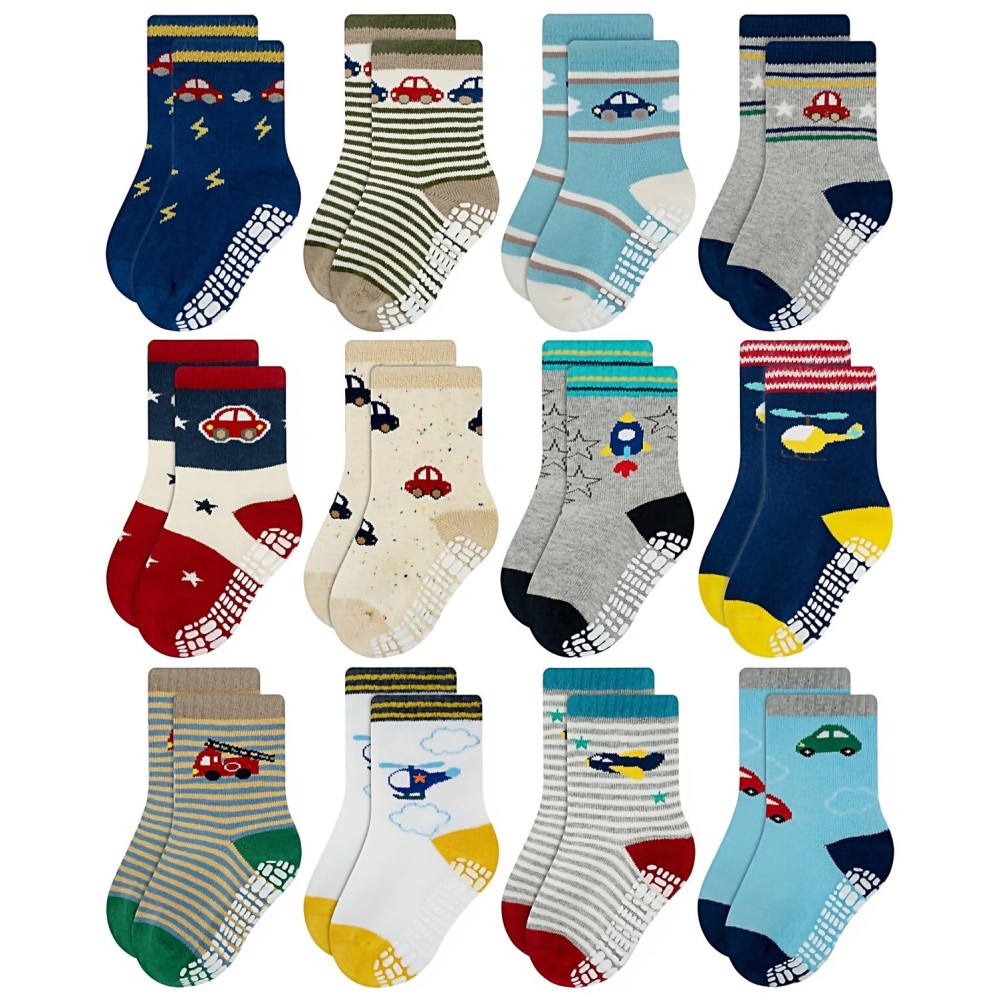 RATIVE Non Skid Anti Slip Slipper Cotton Crew Dress Socks With Grips for Baby Toddlers Kids Boys 3T 4T 5T (3-5T, 12-pairs/RB-71112) RATIVE Non Skid Anti Slip Slipper Cotton Crew Dress Socks With Grips for Baby Toddlers Kids Boys 3T 4T 5T (3-5T, 12-pairs/RB-71112)