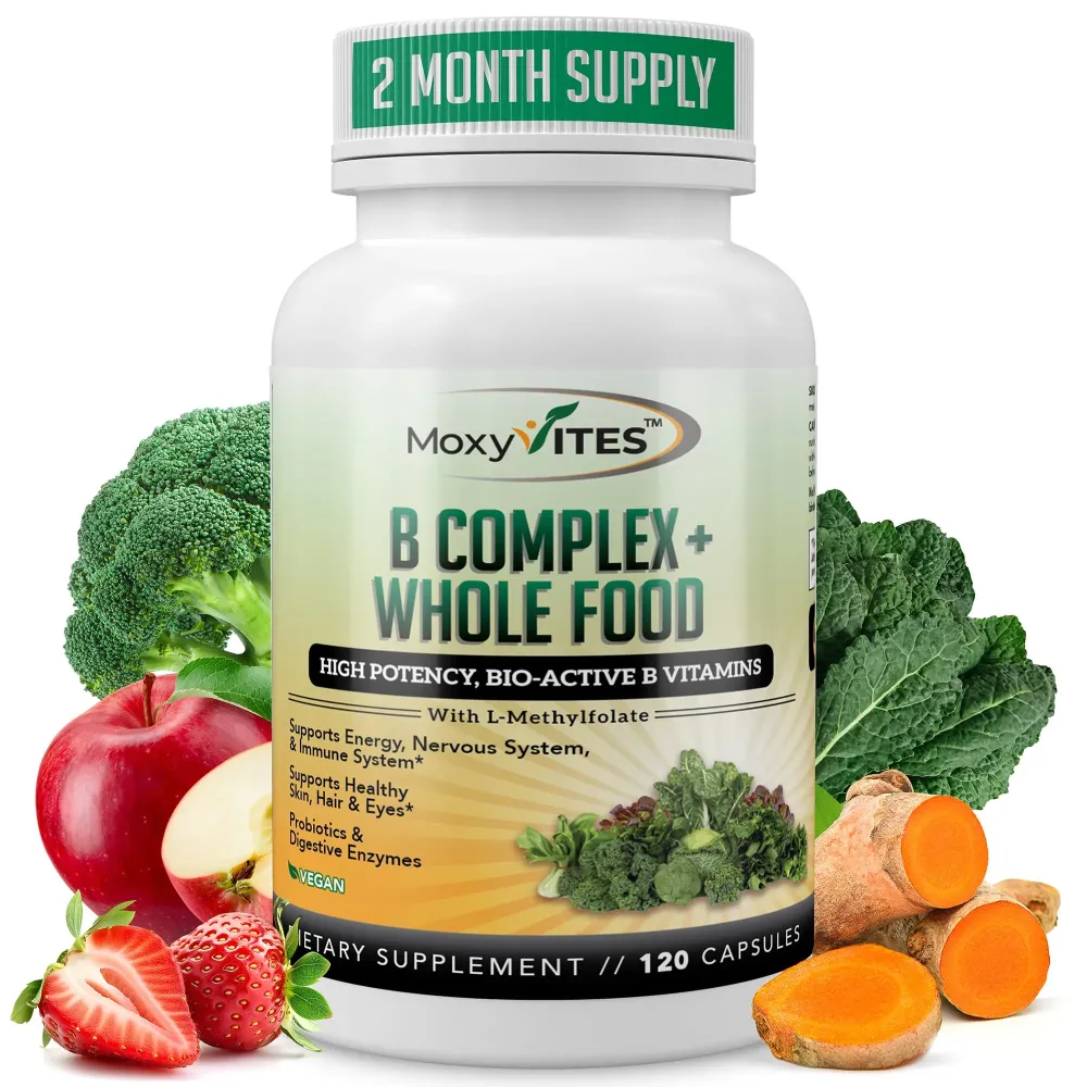 MoxyVites Vitamin B Complex - B Vitamins Whole Food Supplement, B12 Methylcobalamin, B1, B2, B3, B5, B6, B7, B9 - for Stress, Energy and Immune Support, Vegan, 120 Capsules MoxyVites Vitamin B Complex - B Vitamins Whole Food Supplement, B12 Methylcobalamin, B1, B2, B3, B5, B6, B7, B9 - for Stress, Energy and Immune Support, Vegan, 120 Capsules