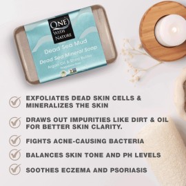 One With Nature Dead Sea Mineral Mud Soap Bar, 7 oz, Fragrance Free, Shea Butter, Argan Oil, Magnesium, Sulfur, 21 Minerals, Soothes Skin, Exfoliates