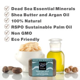 One With Nature Dead Sea Mineral Mud Soap Bar, 7 oz, Fragrance Free, Shea Butter, Argan Oil, Magnesium, Sulfur, 21 Minerals, Soothes Skin, Exfoliates