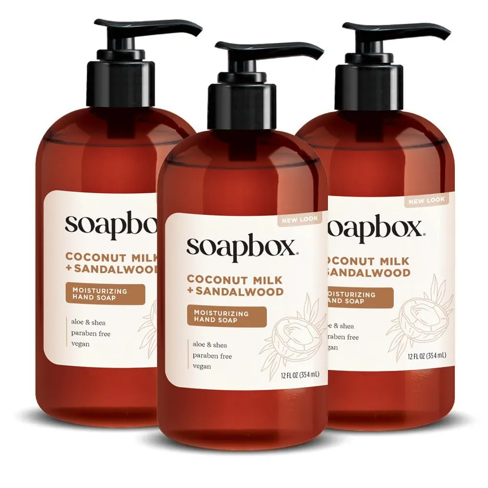 Soapbox Liquid Hand Soap, Coconut Milk & Sandalwood, Gentle & Moisturizing Hand Wash for Kitchen and Bathroom, Vegan & Cruelty Free Scented Hand Soap 12 Ounce Pump Bottles (Pack of 3) Soapbox Liquid Hand Soap, Coconut Milk & Sandalwood, Gentle & Moisturizing Hand Wash for Kitchen and Bathroom, Vegan & Cruelty Free Scented Hand Soap 12 Ounce Pump Bottles (Pack of 3)