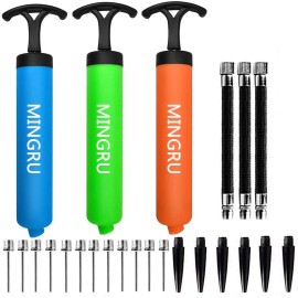 MINGRU Ball Pump for Basketball, Soccer, Volleyball, Rugby, Water Polo Ball & Other Inflatables Air Pump, Needles and Nozzles Included (3 Pack - Blue+Green+Orange, 8)