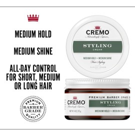 Cremo Hair Styling Cream, Barber Grade, Medium Hold, Medium Shine Hair Products, 4 Oz