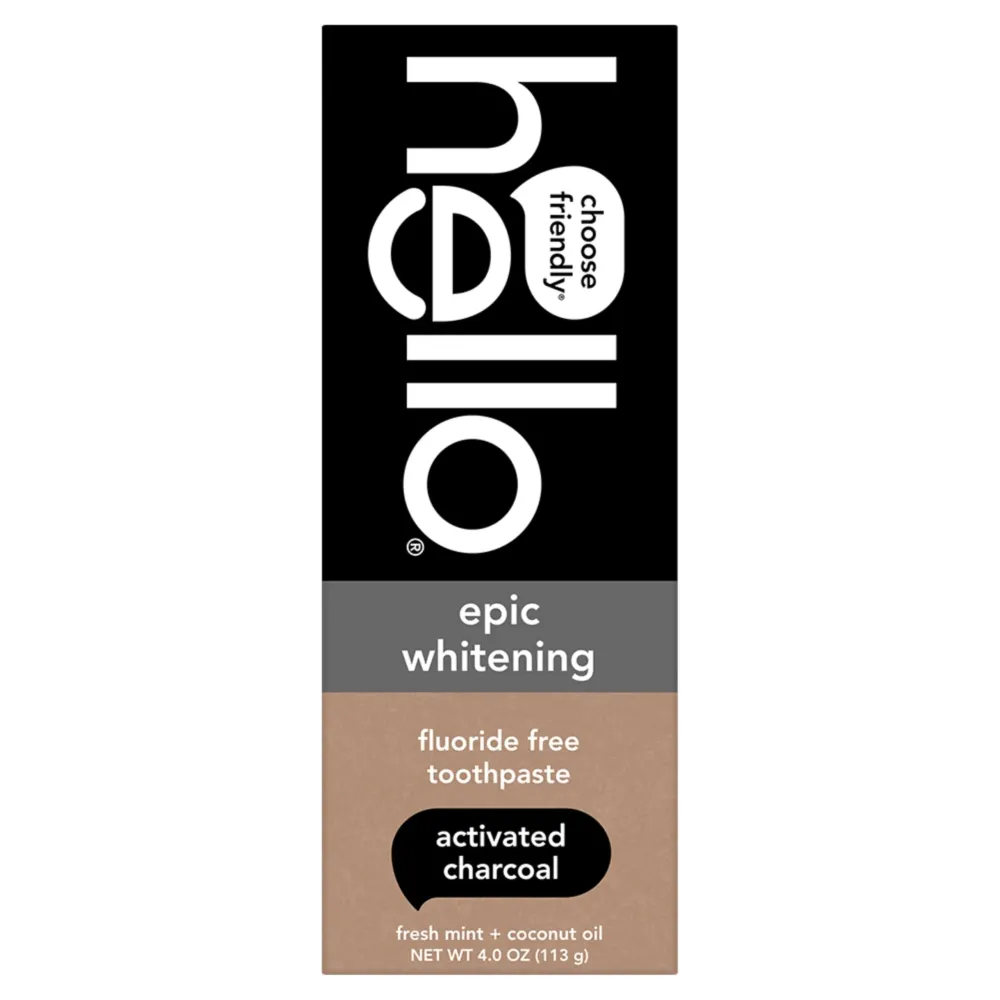 hello Epic Whitening Charcoal Fluoride Free Toothpaste, Activated Charcoal Toothpaste with Coconut Oil, Whitens Teeth Naturally, SLS Free, Fresh Mint, 4.0 Oz Tube hello Epic Whitening Charcoal Fluoride Free Toothpaste, Activated Charcoal Toothpaste with Coconut Oil, Whitens Teeth Naturally, SLS Free, Fresh Mint, 4.0 Oz Tube