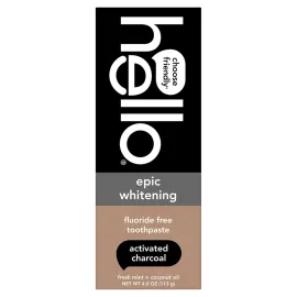 hello Epic Whitening Charcoal Fluoride Free Toothpaste, Activated Charcoal Toothpaste with Coconut Oil, Whitens Teeth Naturally, SLS Free, Fresh Mint, 4.0 Oz Tube