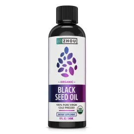 Zhou Organic Black Seed Oil - Black Cumin Seed Oil Cold Pressed, Nigella Sativa, Pure Unrefined Blackseed Liquid, Premium Supplement for Health with Thymoquinone, Omega 3 6 9 - 8 Fl Oz (Pack of 1)