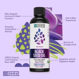 Zhou Organic Black Seed Oil - Black Cumin Seed Oil Cold Pressed, Nigella Sativa, Pure Unrefined Blackseed Liquid, Premium Supplement for Health with Thymoquinone, Omega 3 6 9 - 8 Fl Oz (Pack of 1) Zhou Organic Black Seed Oil - Black Cumin Seed Oil Cold Pressed, Nigella Sativa, Pure Unrefined Blackseed Liquid, Premium Supplement for Health with Thymoquinone, Omega 3 6 9 - 8 Fl Oz (Pack of 1)