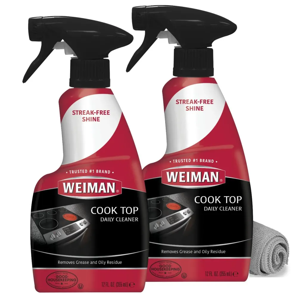 Weiman Glass Cooktop Cleaner & Polish For Daily Use on Ceramic, Induction Stove Top, Removes Grease & Oily Residue, Streak Free Shine, 12 oz, 2 Pack, Micro Fiber Buffing Towel Weiman Glass Cooktop Cleaner & Polish For Daily Use on Ceramic, Induction Stove Top, Removes Grease & Oily Residue, Streak Free Shine, 12 oz, 2 Pack, Micro Fiber Buffing Towel