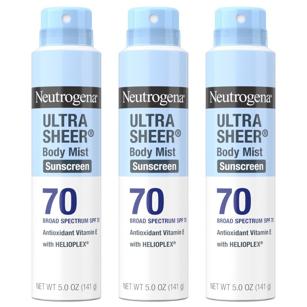 Neutrogena Ultra Sheer Body Mist Sunscreen Spray, Broad Spectrum SPF 70, Lightweight Spray Sunscreen, Non-Greasy & Water Resistant, Oil-Free & Non-Comedogenic UVA/UVB, 5 oz, Pack of 3 Neutrogena Ultra Sheer Body Mist Sunscreen Spray, Broad Spectrum SPF 70, Lightweight Spray Sunscreen, Non-Greasy & Water Resistant, Oil-Free & Non-Comedogenic UVA/UVB, 5 oz, Pack of 3